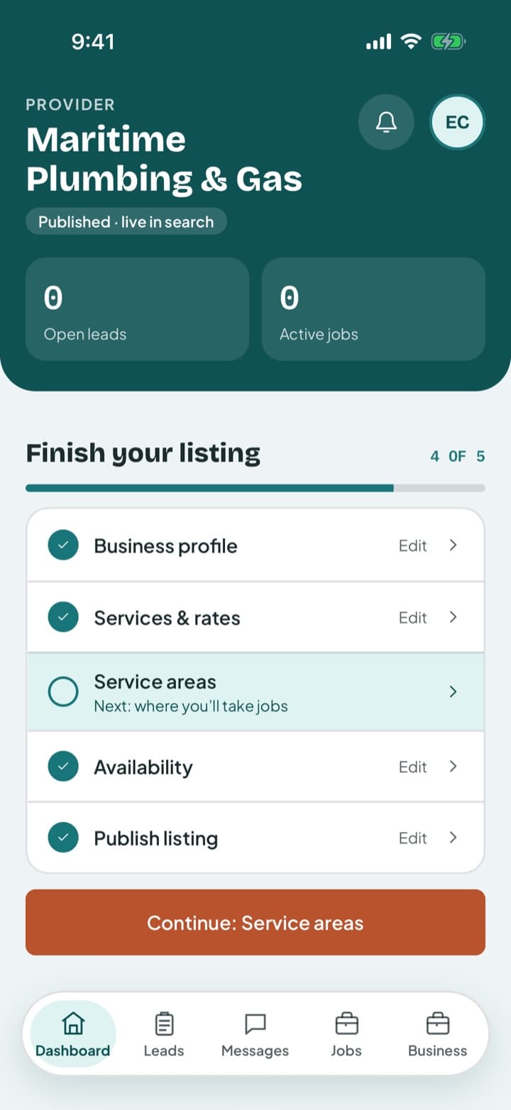 Provider dashboard with the listing setup checklist