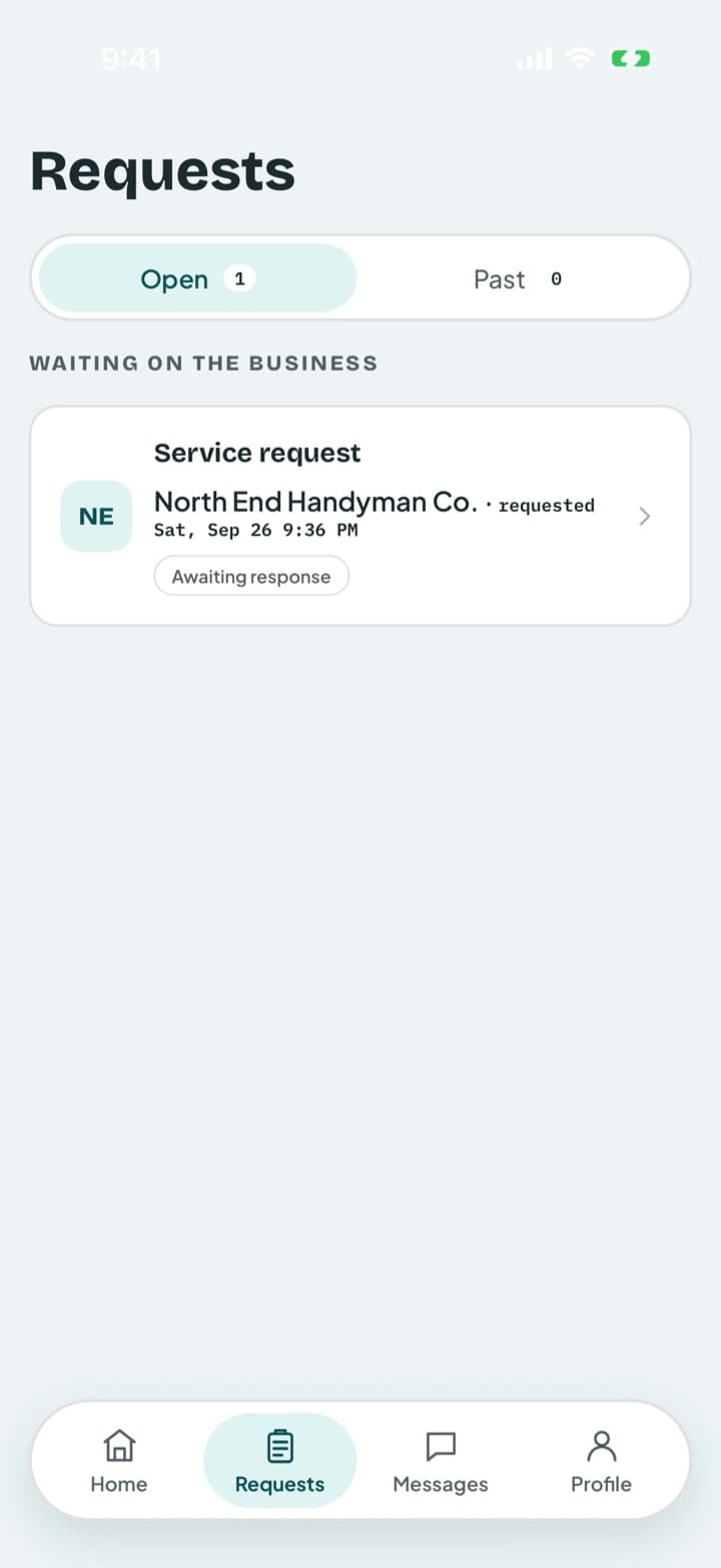 Requests list with a request waiting on the business
